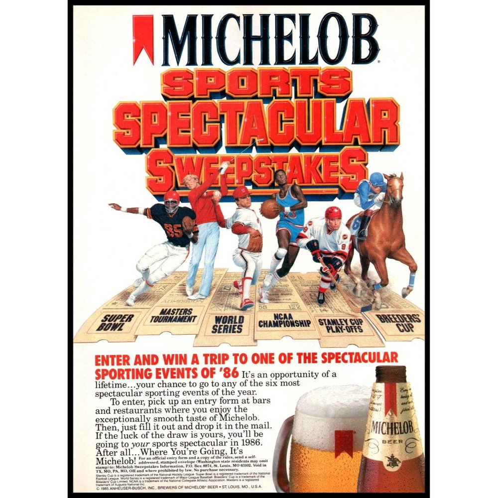 1985 Michelob Beer Sports Spectacular Sweepstakes Vintage Print Ad Wall Art